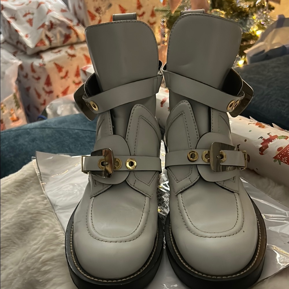 Balenciaga White Combat Boots with Gold Accents